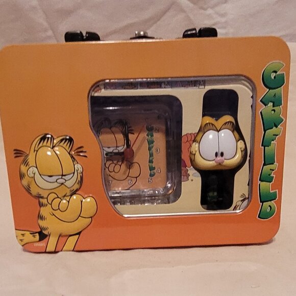 Rare Vintage Garfield Metal Lunch Box With Watch and Clock - Picture 2 of 9